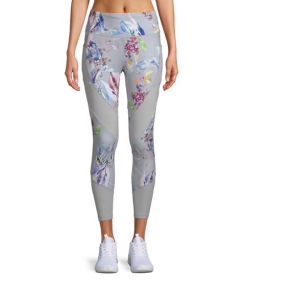 Avia Pants - Avia Watercolor Soft Silver Gray High Rise Floral Leggings Pockets - Siz…